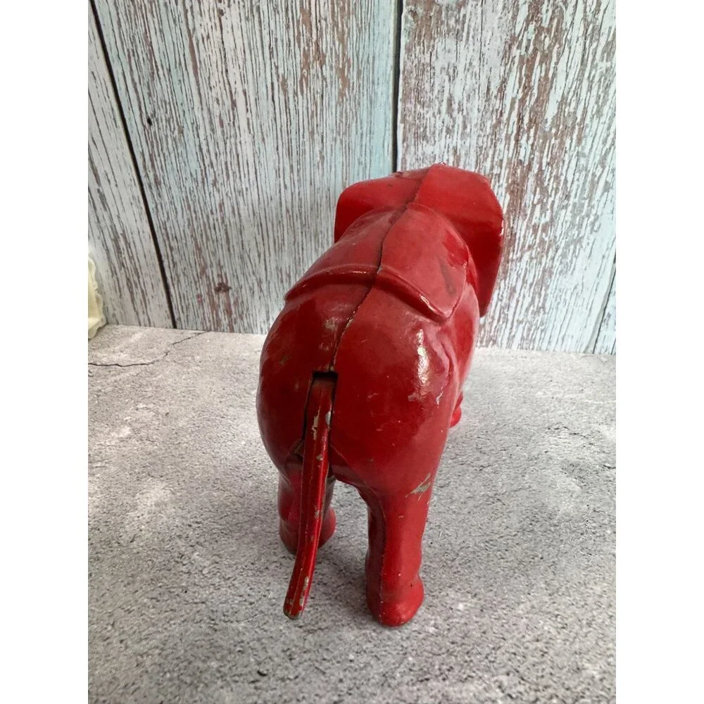 Antique Red Elephant Aluminum Push Tail Bank 7" X 5" Decorative Collectible - Picture 3 of 8